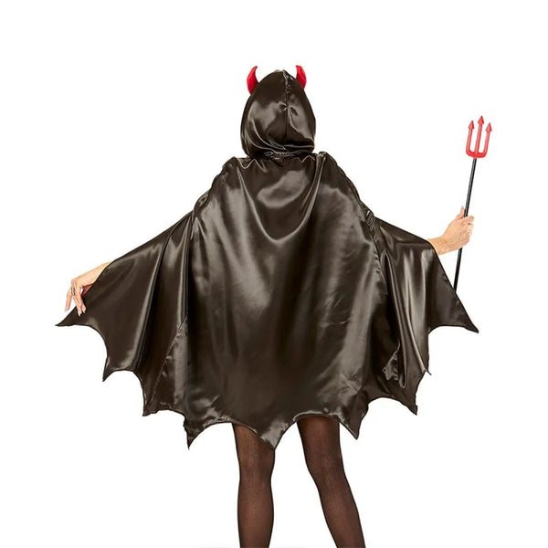 Person wearing a black devil costume with red horns and a trident on a white background
