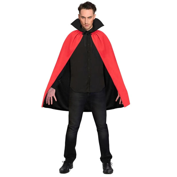 Person wearing a black shirt and red cape on a white background