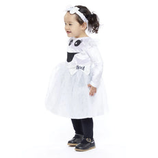 Child wearing a white ghost costume with black accents on a white background