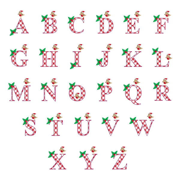 Decorative alphabet letters with Christmas-themed designs on a white background