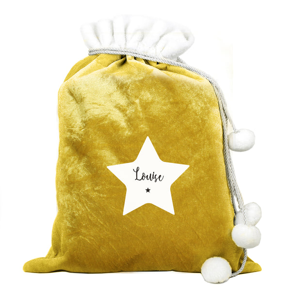 Yellow drawstring bag with a white star and 'Louise' text on a white background