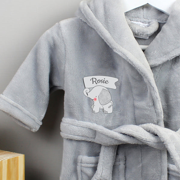 Baby Dressing Gown Personalised Elephant 0-6 Months Grey Hooded Baby Dressing Gown