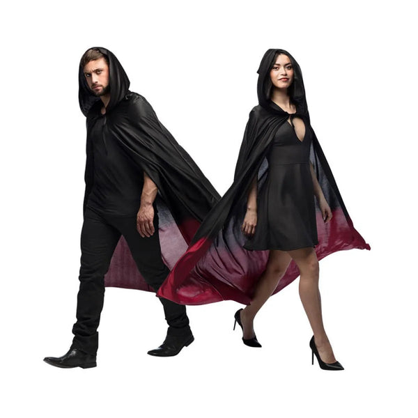 Two people wearing black capes with gradient colors on a white background