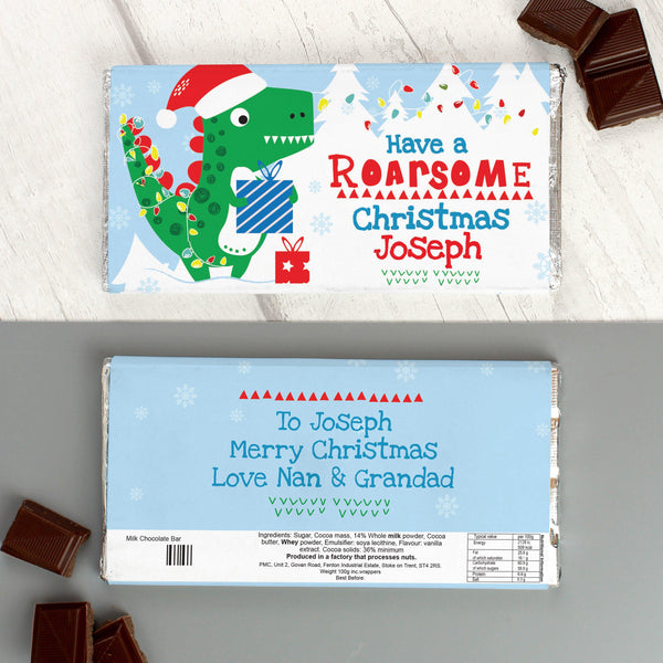 Chocolate bar Personalised Dinosaur 'Have a Roarsome Christmas' Milk Chocolate Bar