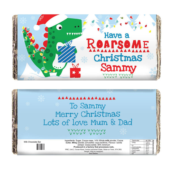 Chocolate bar Personalised Dinosaur 'Have a Roarsome Christmas' Milk Chocolate Bar