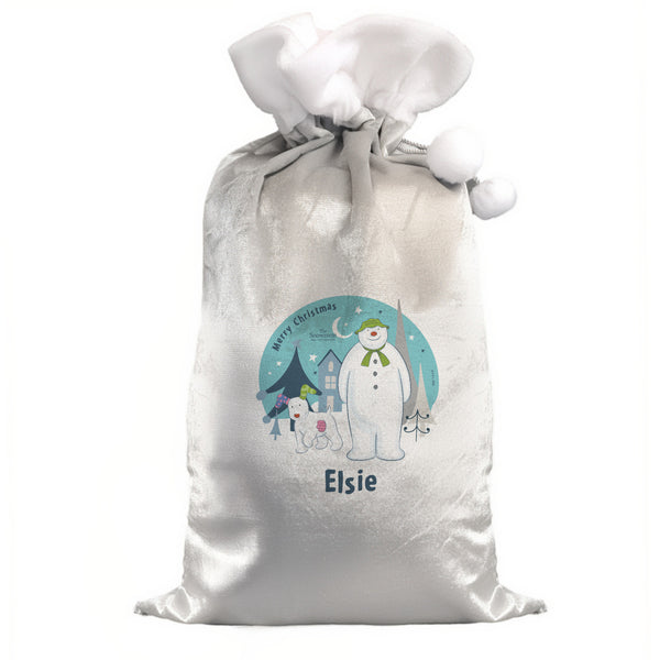 Christmas Sack Personalised The Snowman and the Snowdog Luxury Silver Grey Pom Pom Sack