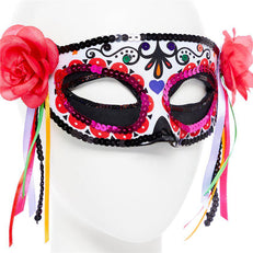 Close Up View Day of the Dead Masquerade Mask with Ribbons