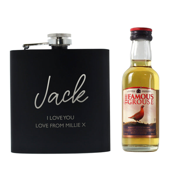 Hip Flask Gift Set Black Hip Flask and Miniature Famous Grouse