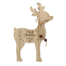 Personalised '1st Christmas' Rustic Wooden Reindeer Decoration - Fixed Text Reads "My 1st Christmas"