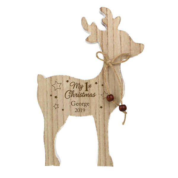 Personalised '1st Christmas' Rustic Wooden Reindeer Decoration - Fixed Text Reads