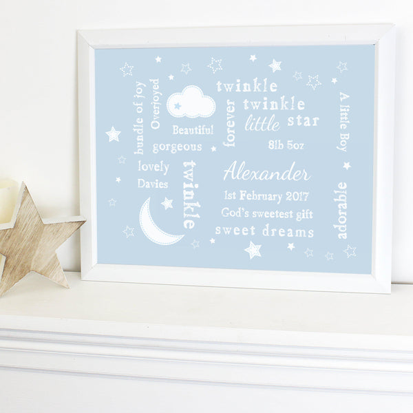 Personalised Blue Twinkle Twinkle Typography White Framed Print - Displayed With Pride On A Unit