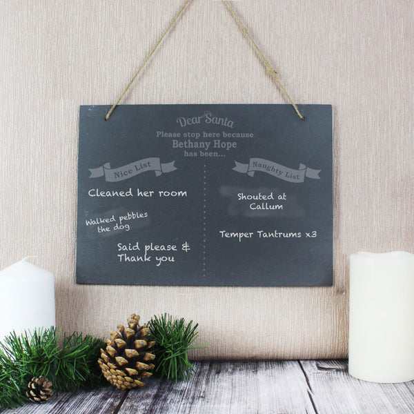Personalised Christmas Naughty & Nice Hanging Large Slate Sign with Nice & Naughty Lists Filled In