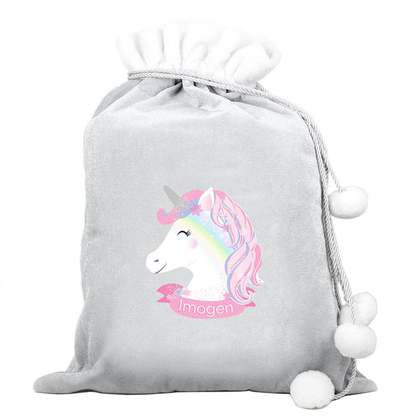 Personalised Christmas Unicorn Luxury Silver Grey Pom Pom Sack - Personalised For Imogen