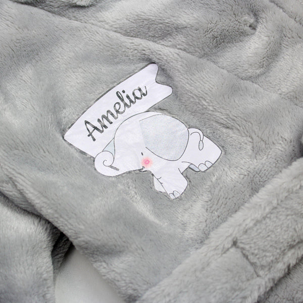 Personalised Elephant 0-6 Months Grey Hooded Baby Dressing Gown - Close Up Of Elephant Holding A Personalised Flag In It's Trunk
