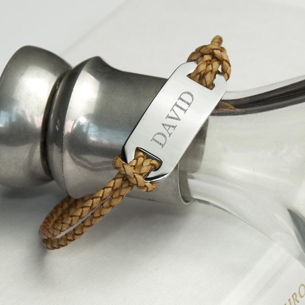 Personalised Men's Statement Leather Bracelet in Sandstone - Personalised For David