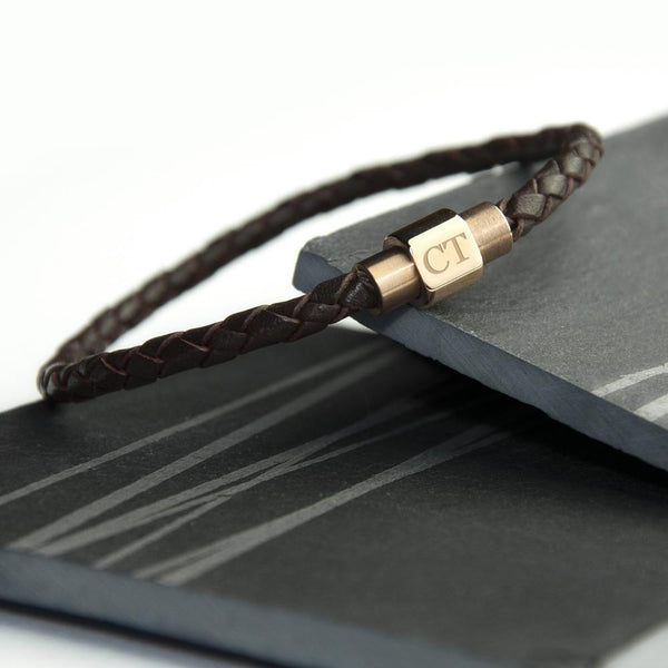 Personalised Men's Woven Leather Bracelet With Gold Clasp - Personalised For CT