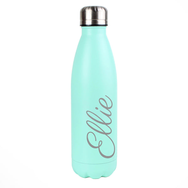 Personalised Mint Green Metal Insulated Drinks Bottle With A Silver Screw Cap