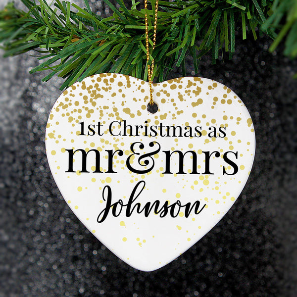 Personalised Mr and Mrs 1st Christmas Ceramic Heart Decoration - Personalised For The Happy Johnson's