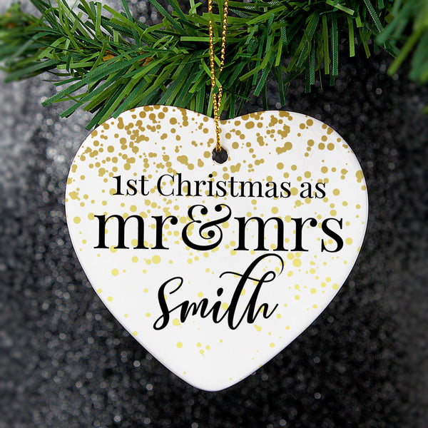Personalised Mr and Mrs 1st Christmas Ceramic Heart Decoration - Mr & Mrs Smith