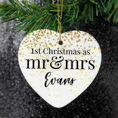 Personalised Mr and Mrs 1st Christmas Ceramic Heart Decoration - Personalised For Mr & Mrs Evans
