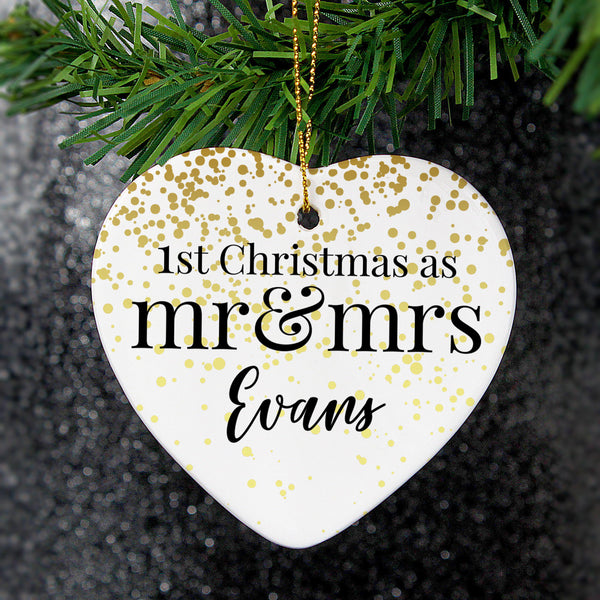 Personalised Mr and Mrs 1st Christmas Ceramic Heart Decoration - Personalised For Mr & Mrs Evans