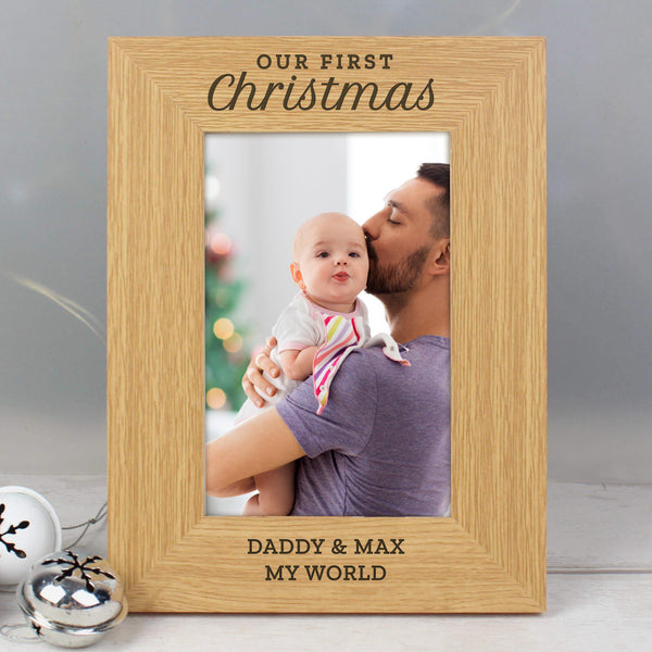 Personalised 'Our First Christmas' 6x4 Oak Finish Photo Frame - Father Holding His Baby Son In The Picture