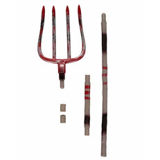 Dissembled pitchfork with red blood splatters on a white background splatters