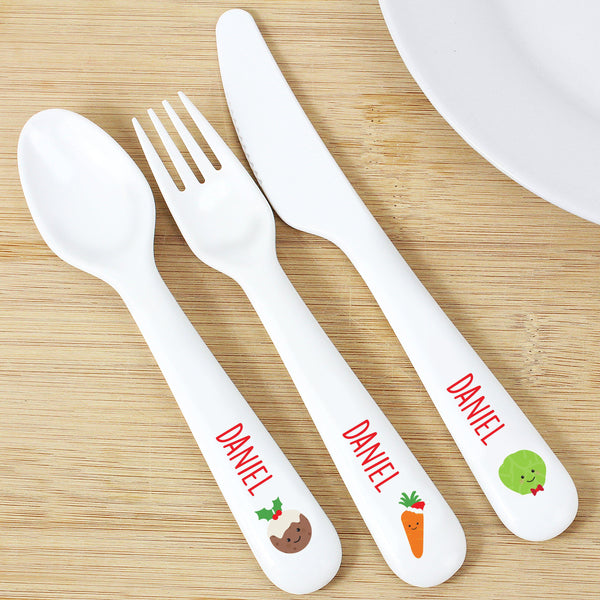 Plastic Cutlery Set Personalised 'First Christmas Dinner' 3 Piece Plastic Cutlery Set