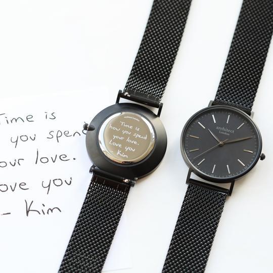 Watch Handwriting Engraving - Men's Minimalist Watch + Pitch Black Mesh Strap
