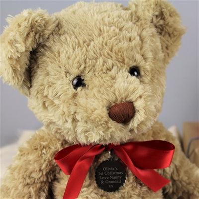 My 1st Christmas Bramble Bear Close Up Picture Of This Cute Bear And His Red Bow Tie Style Ribbon And Personalised Silver Tag