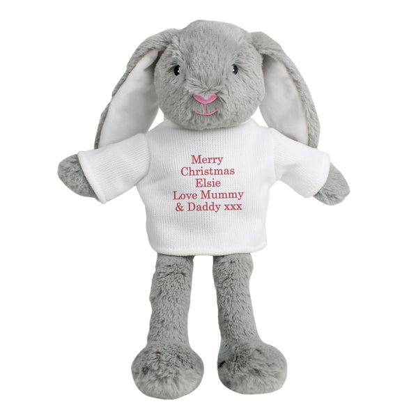 Grey fluffy bunny with pink nose and a Christmas message on a white jumper