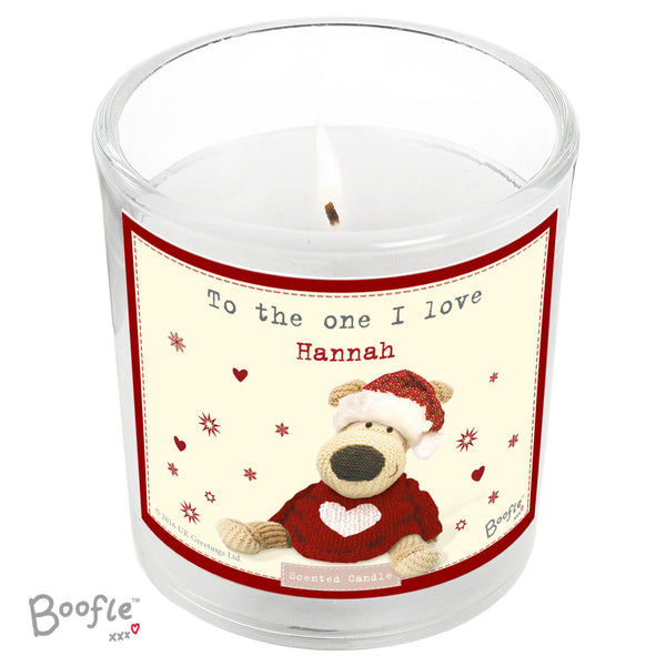 Personalised Boofle Christmas Love Scented Jar Candle -  Candle Flame Is Flickering In The Picture Close Up