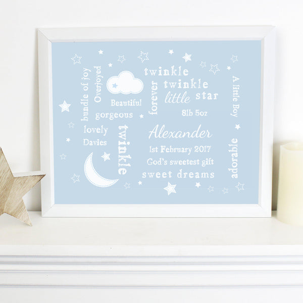 Personalised Blue Twinkle Twinkle Typography White Framed Print - Personalised For Alexander