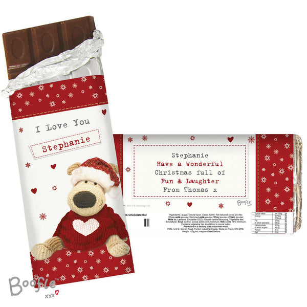 Personalised Boofle Christmas Love Milk Chocolate Bar -  Displaying Front & Rear Showing All Personalisation