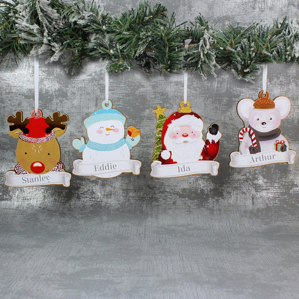 Personalised Set of Four Colourful Christmas Characters Wooden Hanging Decorations - Reindeer - Snowman - Santa - Mouse