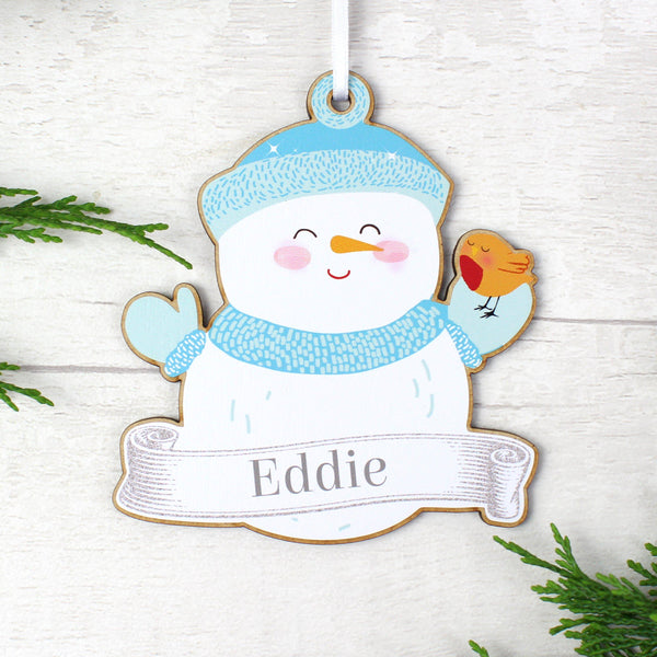 Personalised Set of Four Colourful Christmas Characters Wooden Hanging Decorations - Eddie As The Snowman