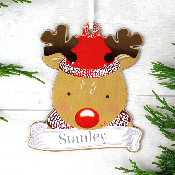 Personalised Set of Four Colourful Christmas Characters Wooden Hanging Decorations -  Stanley As Rudolph