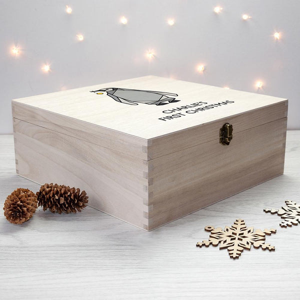 Personalised Baby Penguin First Christmas Box - Large - Personalised Text With Penguin Carrying A Bauble