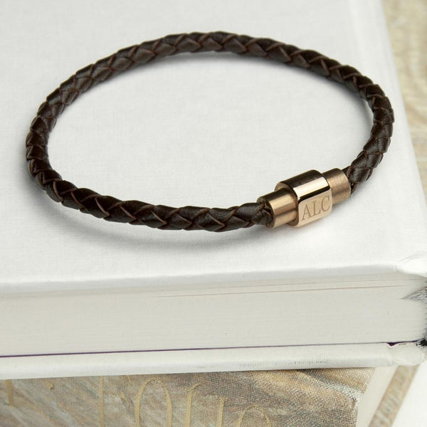 Personalised Men's Woven Leather Bracelet With Gold Clasp -  Close Up Of Gold Clasp And Initial Engraving