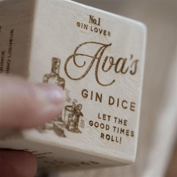 Personalised Gin Recipe Dice - A Close Up Of The Personalised Side Of The Dice Which States It Is Ava's Gin Dice!