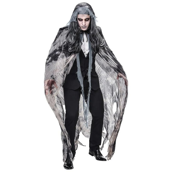Person wearing a ghostly costume with a long, flowing cape on a white background