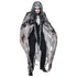 Person wearing a ghostly costume with a long, flowing cape on a white background