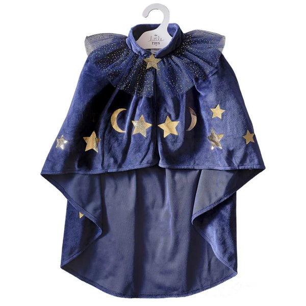 Blue cape with star and moon patterns on a white background