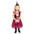Child wearing a colorful Peppa Pig witch costume with a hat on a white background