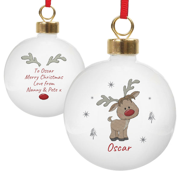 Two Christmas ornaments with a reindeer design and personalized text on a white background.