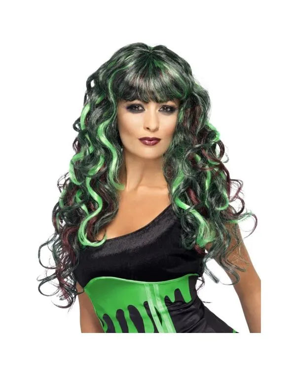 Woman with a green and black wig on a white background