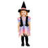 Child wearing a colorful witch costume with a black hat on a white background