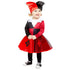 Child wearing a red and black Harley Quinn costume with a white collar on a white background