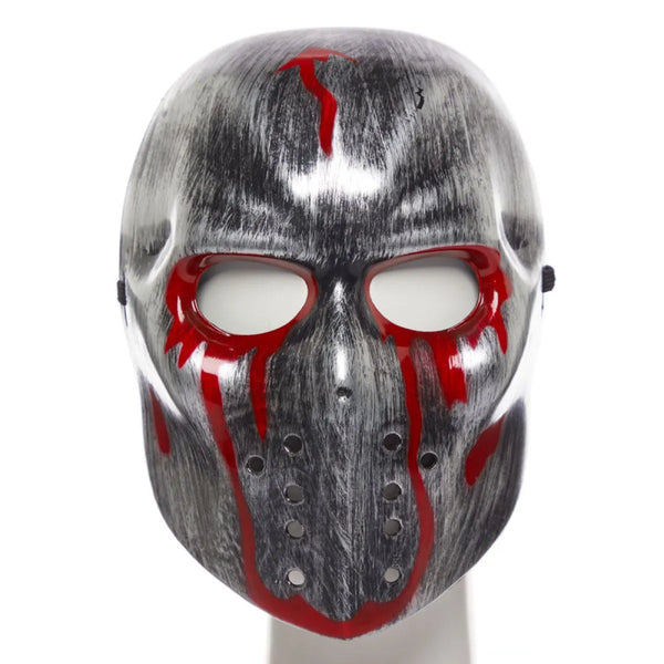 Mask with gray and red design on a white background