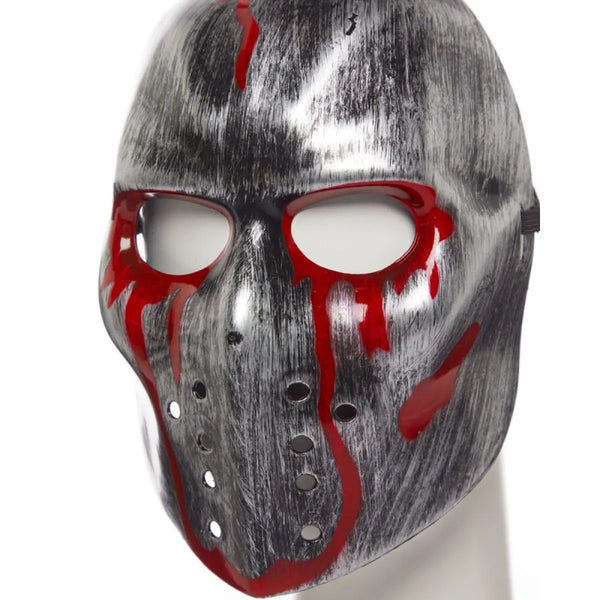 Grey and red mask with a white background